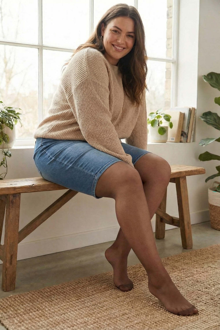 Woman sitting on a wooden bench in a bright room with plants and books wearing denim skirt, jumper and tights