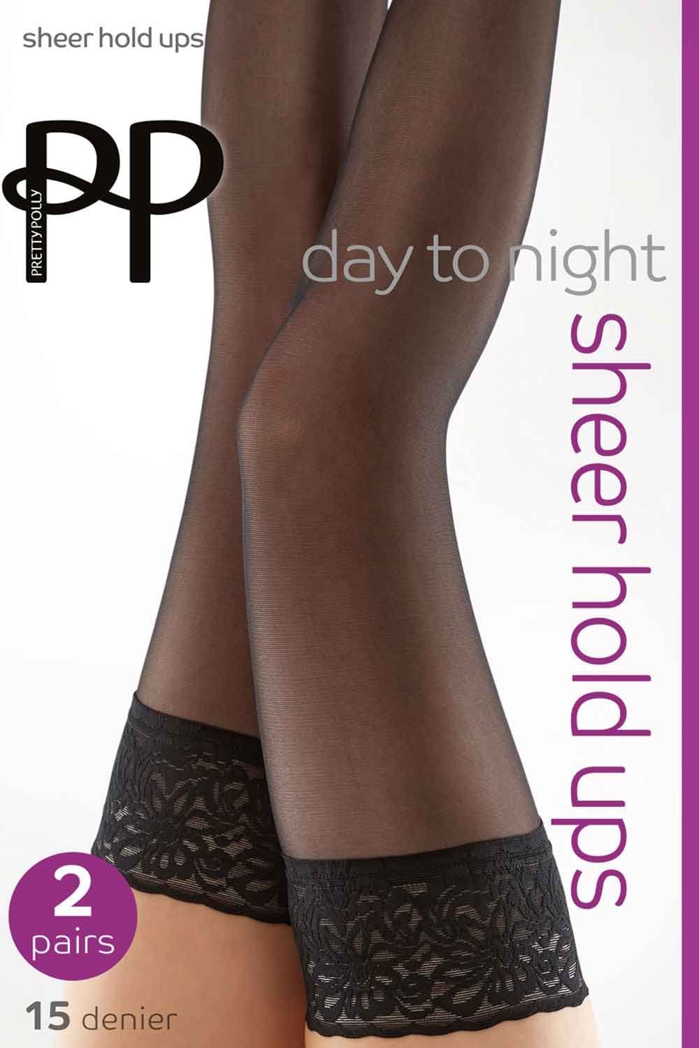 Sheer hold-ups with lace trim on a white background, featuring the brand 'PP'.