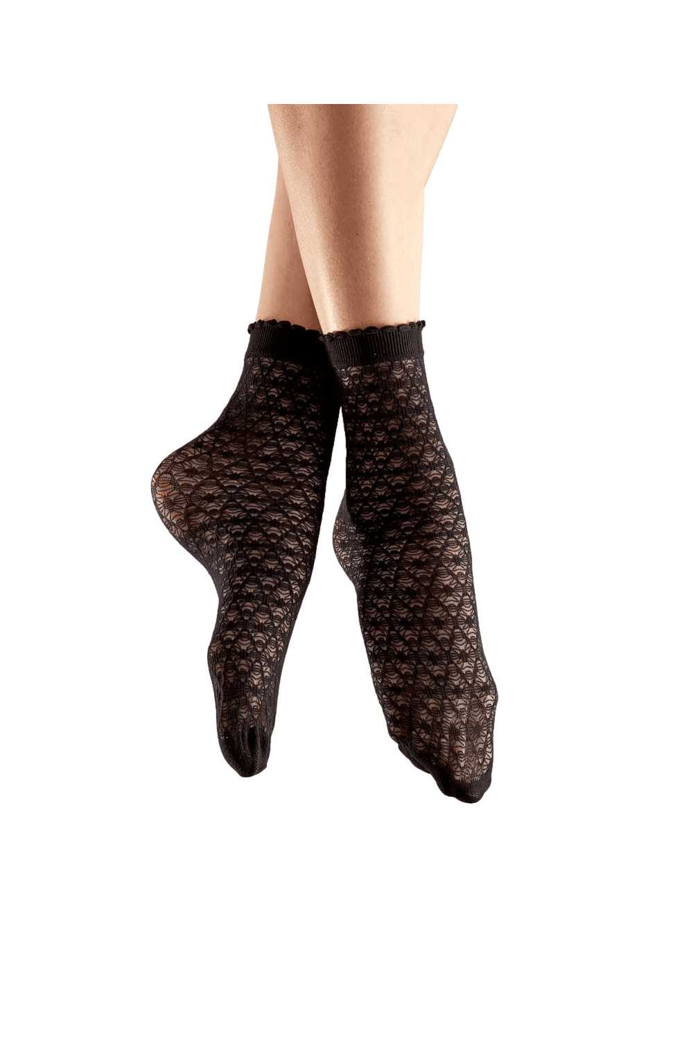 Black diamond net ankle socks worn by a person on a white background