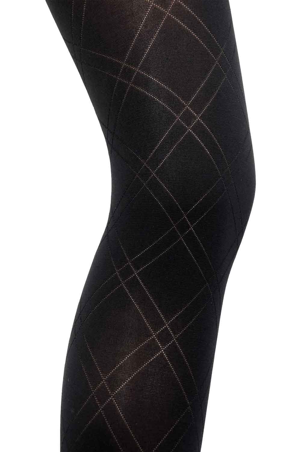 Black tights with a diamond pattern on a white background