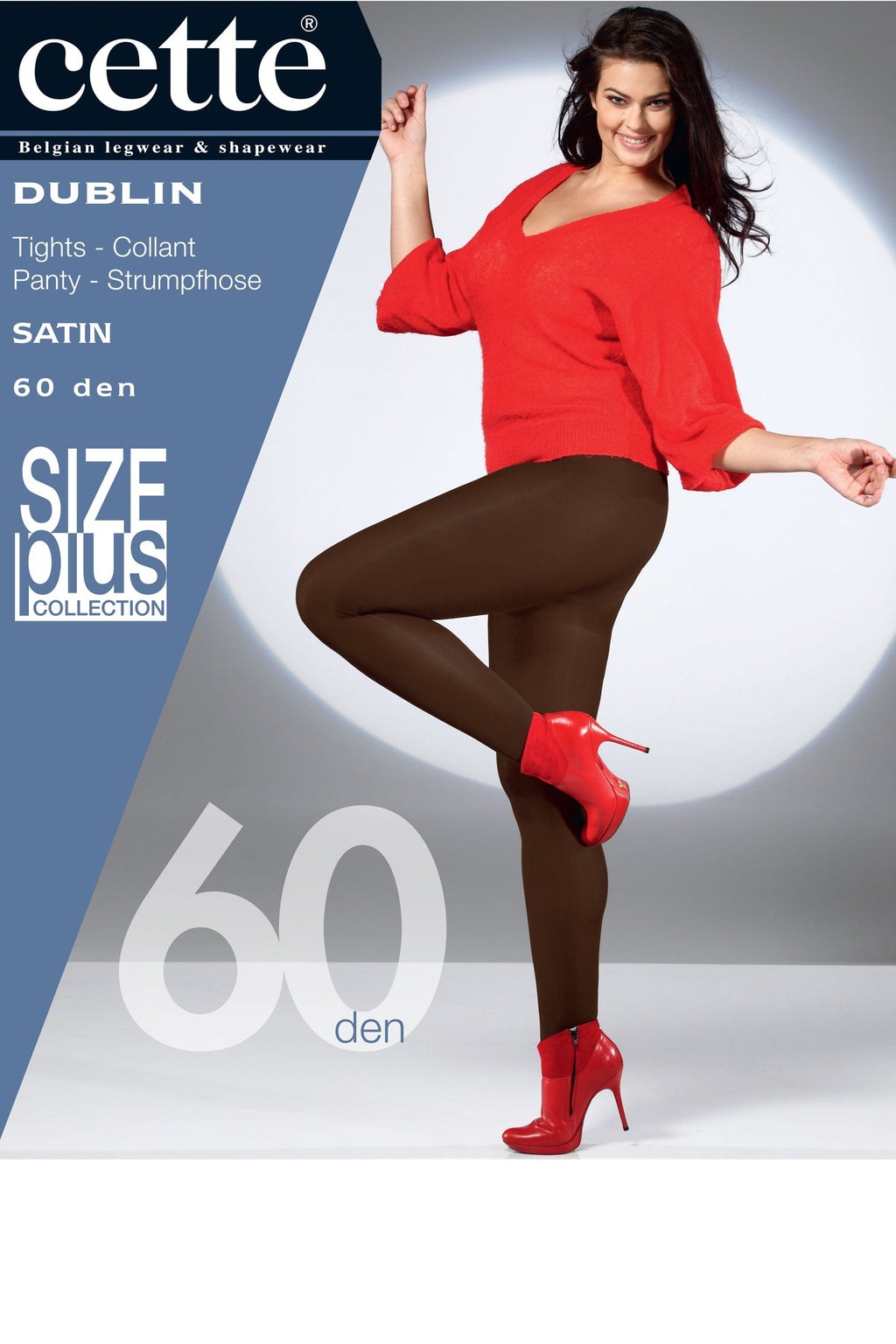 Woman wearing brown tights with red shoes and a red sweater, promotional material for cette Dublin tights.