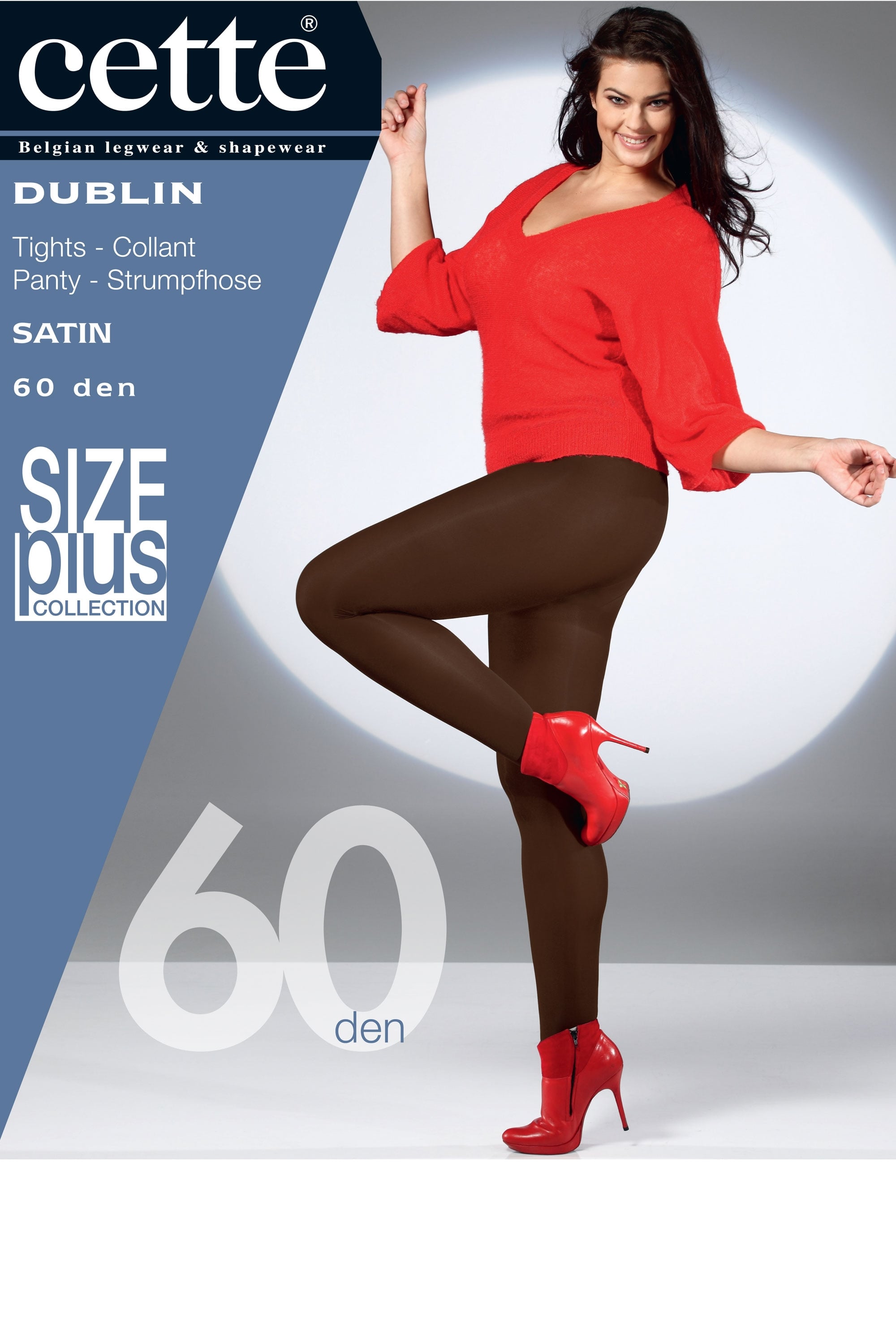 Woman wearing brown tights with red shoes and a red sweater, promotional material for cette Dublin tights.