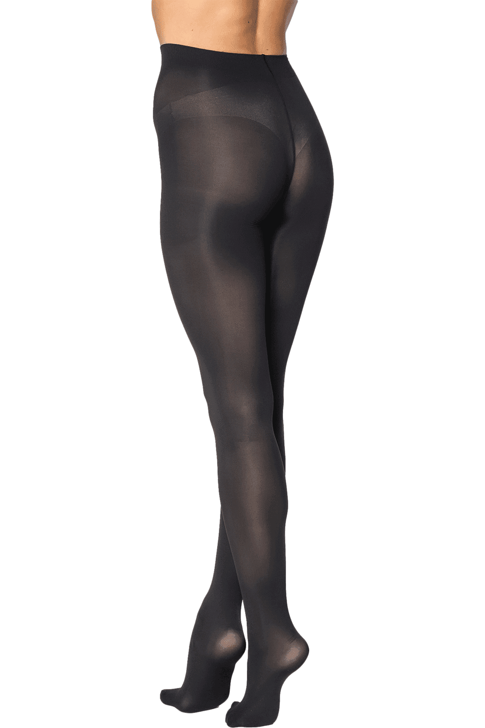 Black opaque  tights worn by a person on a white background