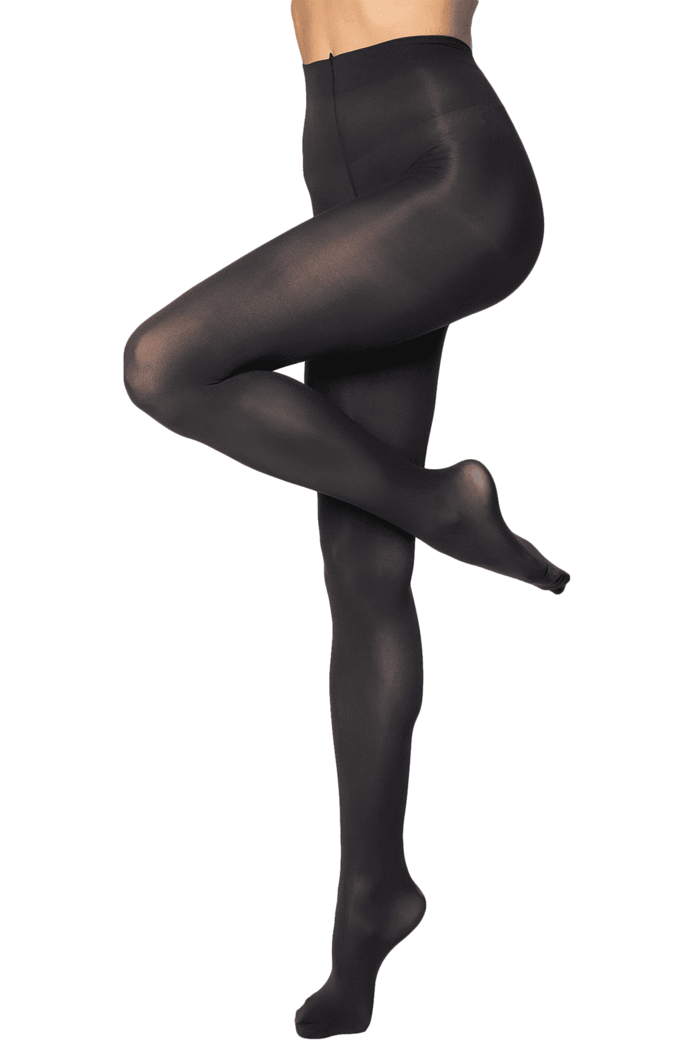 Black opaque tights worn by a person on a white background