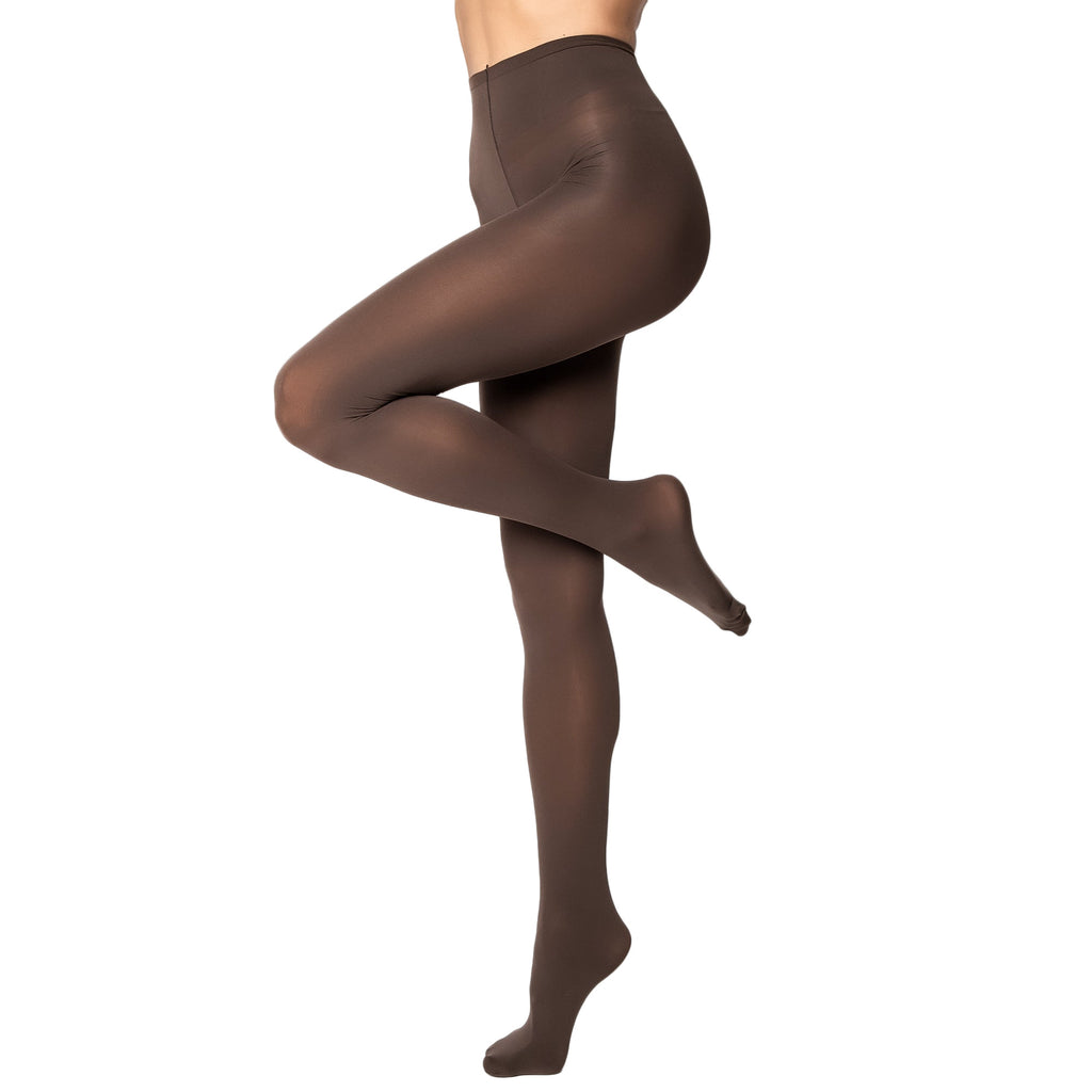 Brown tights worn by a model on a white background