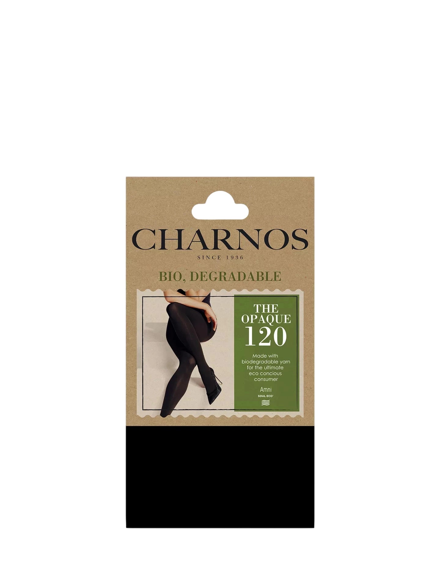 Charnos bio-degradable tights packaging on a white background