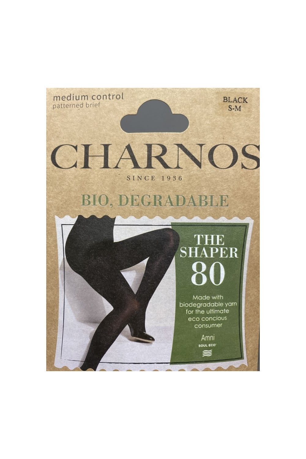 Charnos shaper packaging with a person wearing black tights on a white background