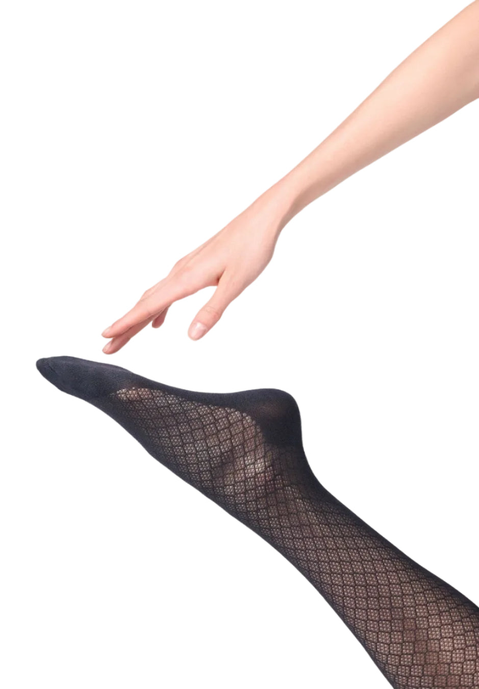Black abstract patterned tights  being held by a hand on a white background