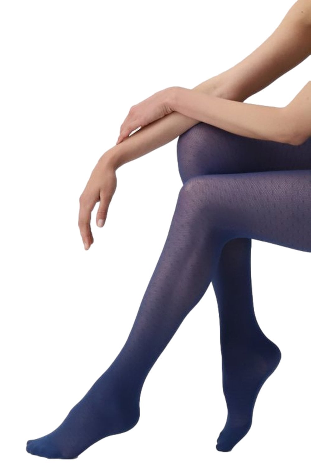 Person wearing marine coloured tights sitting on a white background