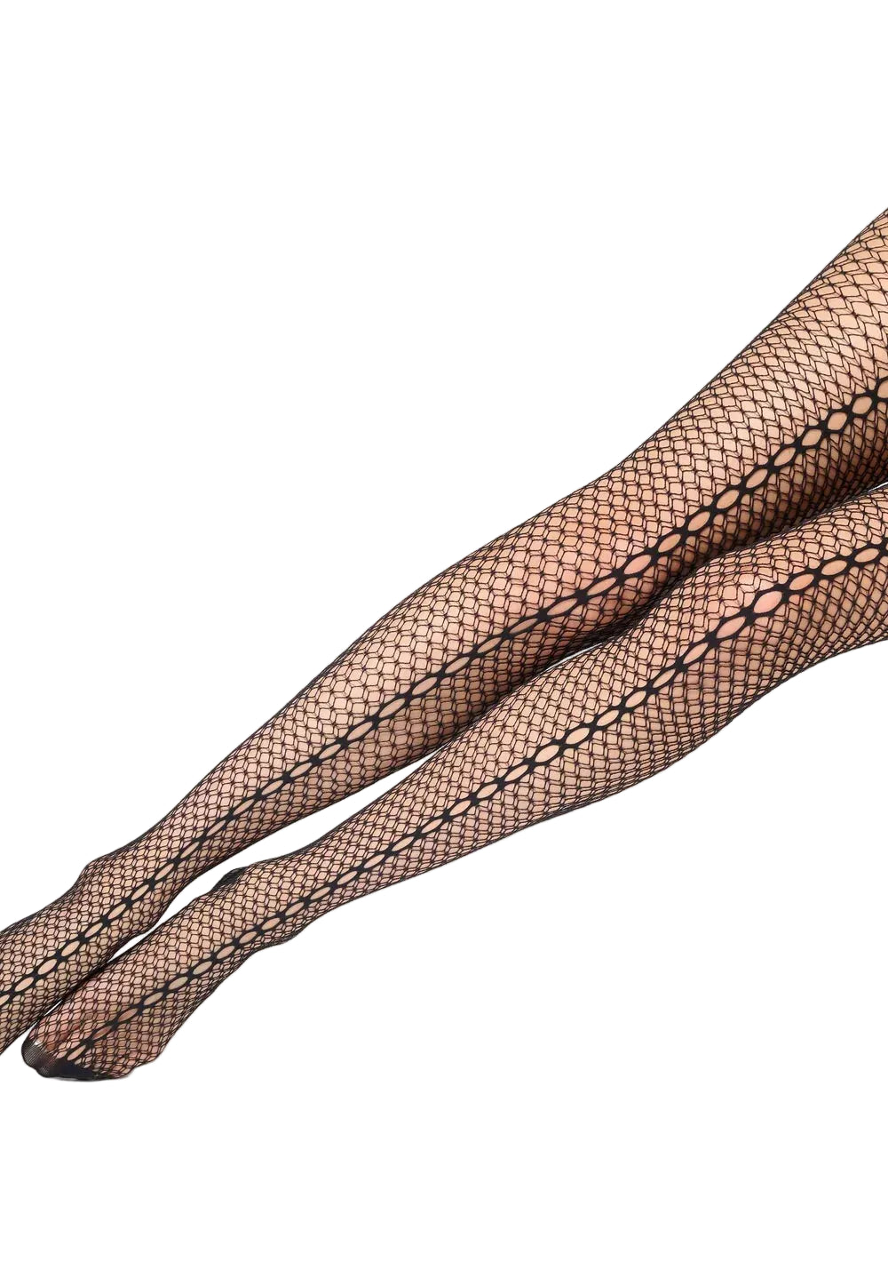 Black fishnet tights with a decorative chain-link pattern down the outer side, shown on a model's legs against a white background.