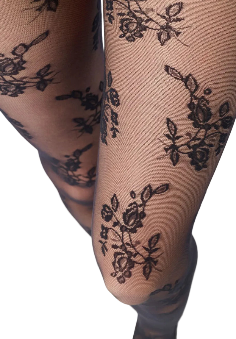 Oroblu tights with black floral patterns on a white background
