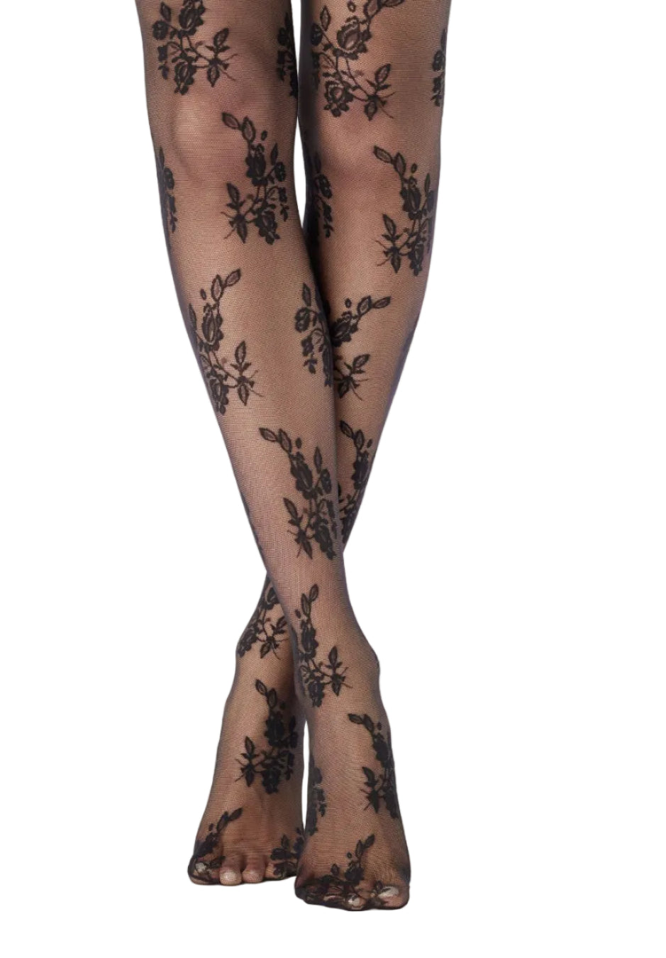 Black floral lace patterned tights on a white background