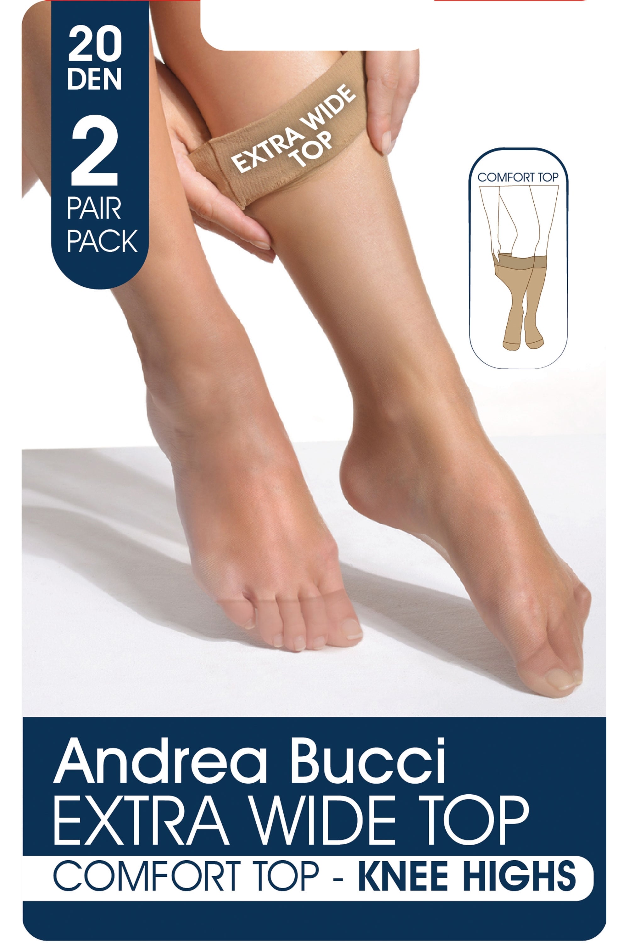 Andrea Bucci knee highs packaging with a person wearing them, showing the 'Extra Wide Top' feature.