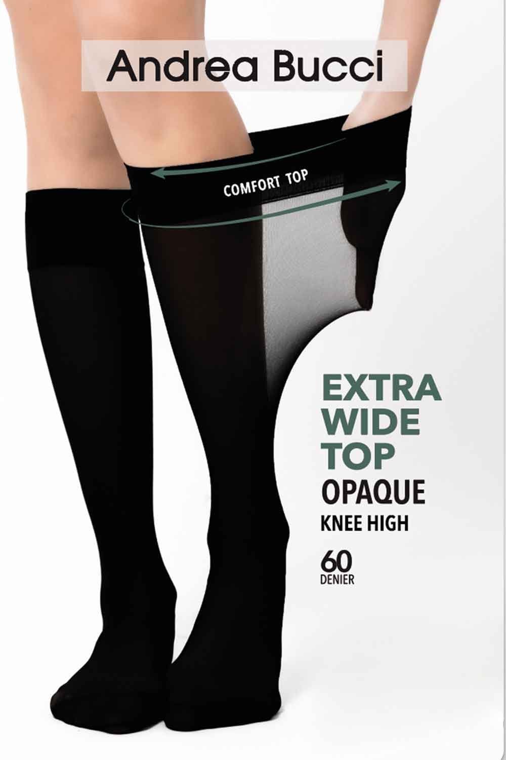 Black knee-high socks with 'Andrea Bucci' branding on a white background