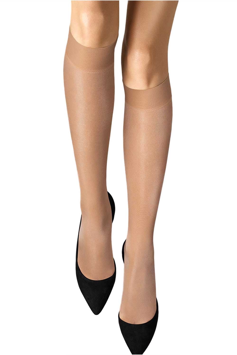Fairly light Wolford knee highs worn with black high heels on a white background