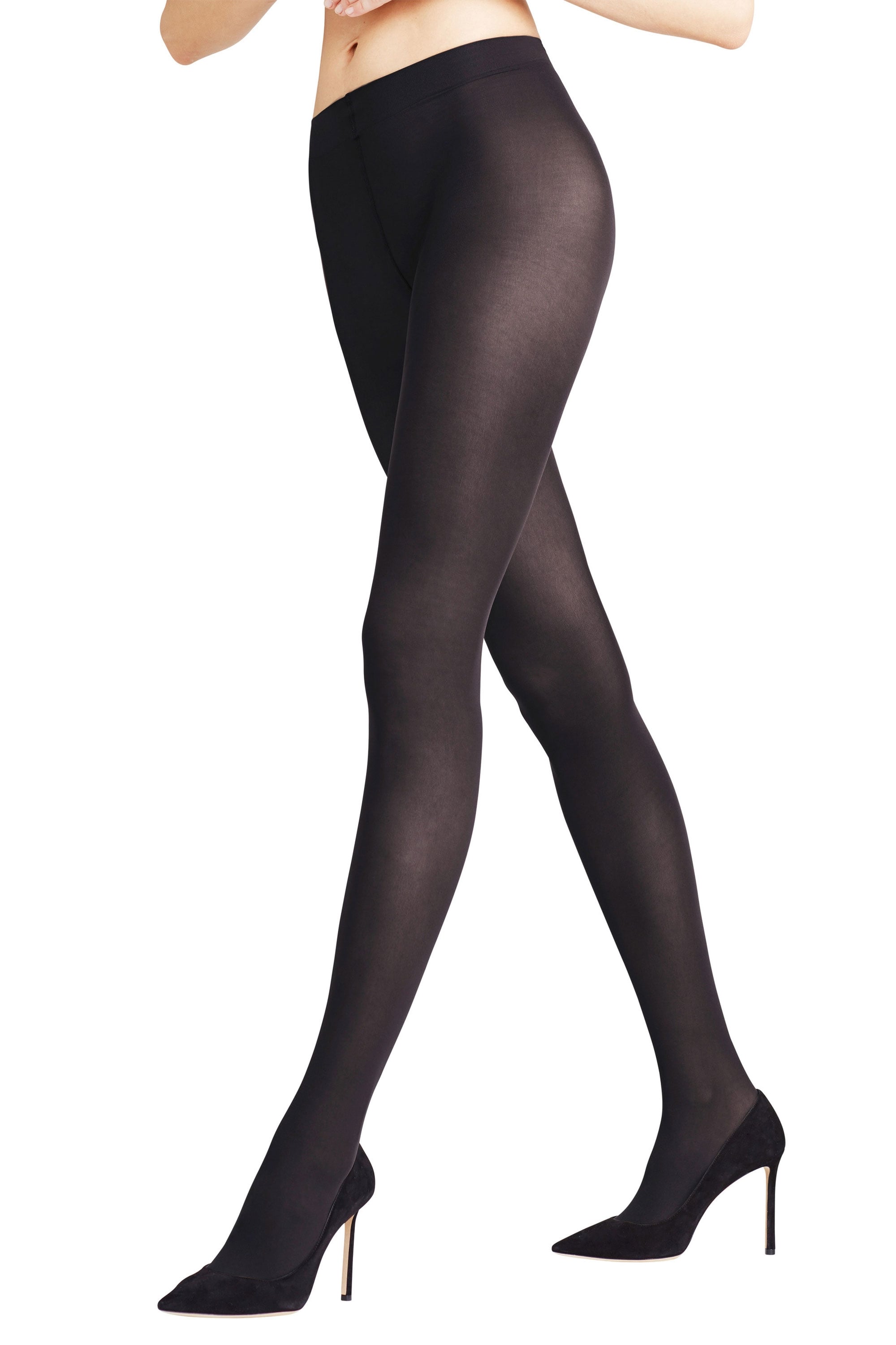 Black Falke tights worn by a person on a white background