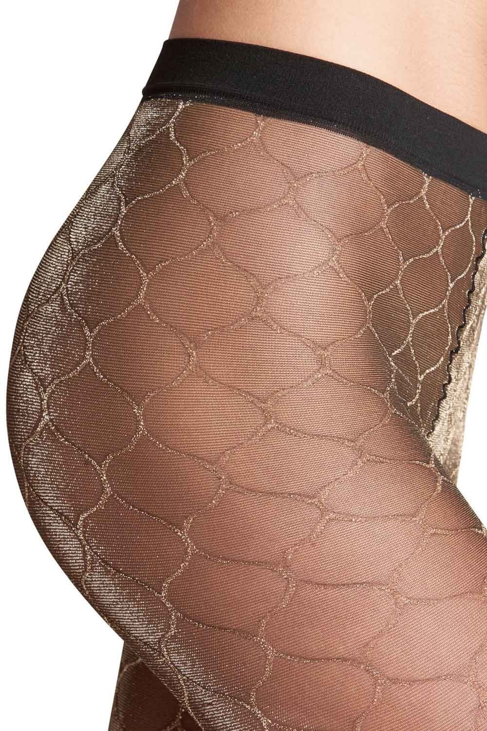 Black/gold glitter tights with a black waistband on a white background