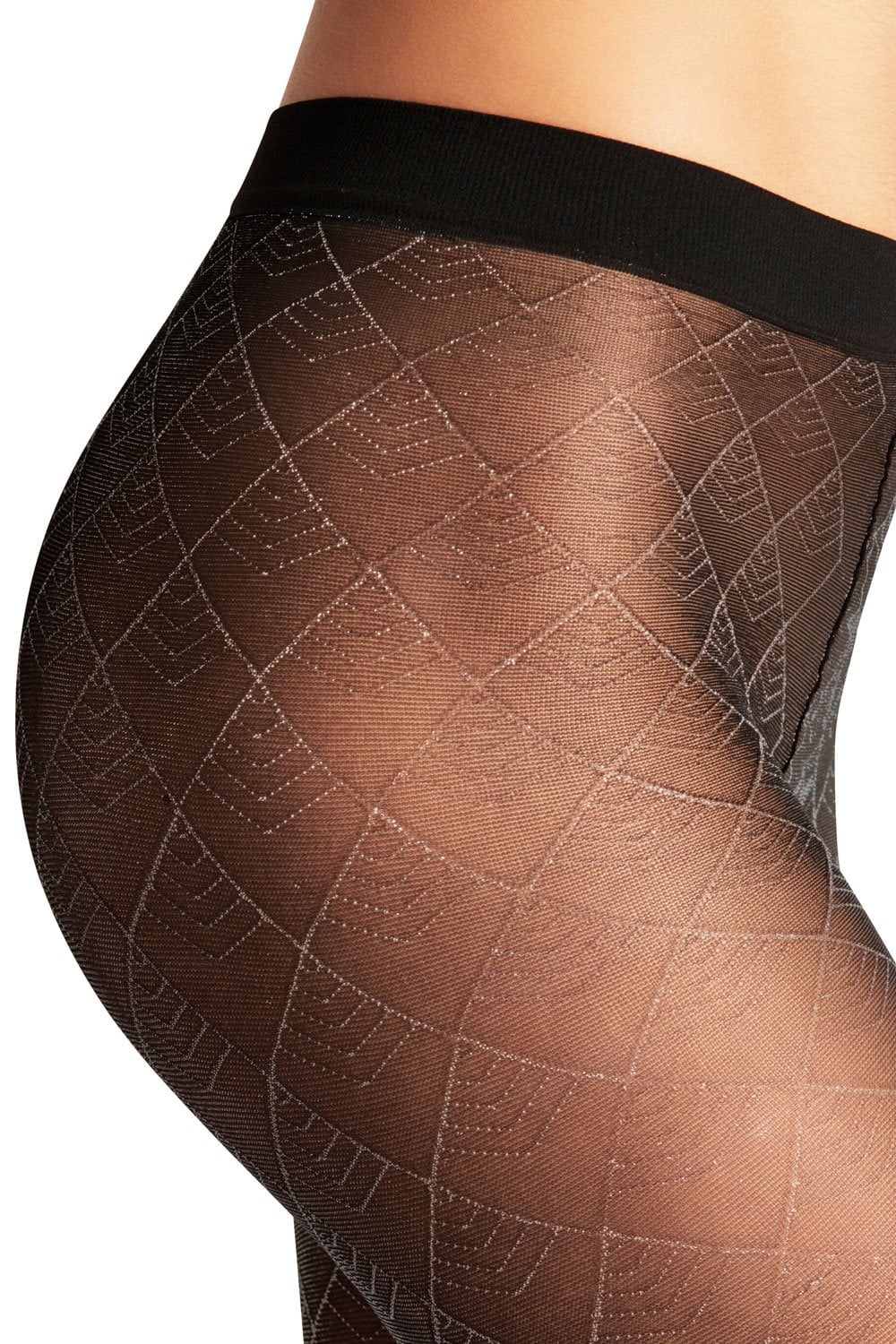 Patterned tights with a black waistband on a white background