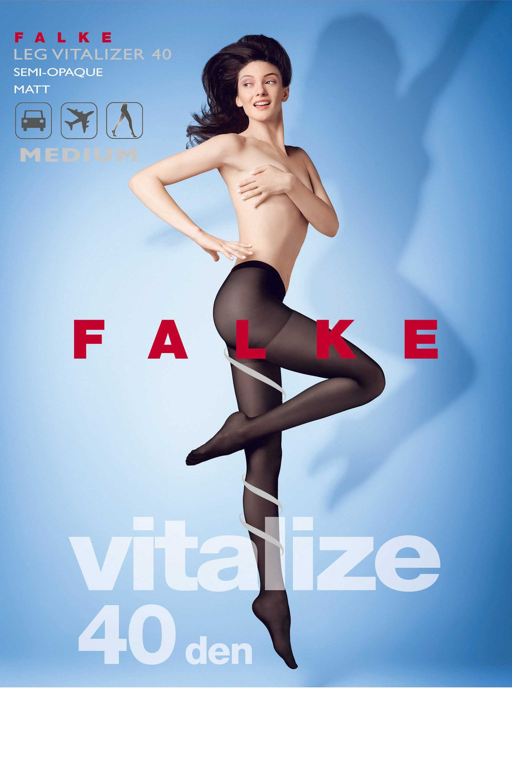 Falke tights advertisement with a model wearing them on a blue background