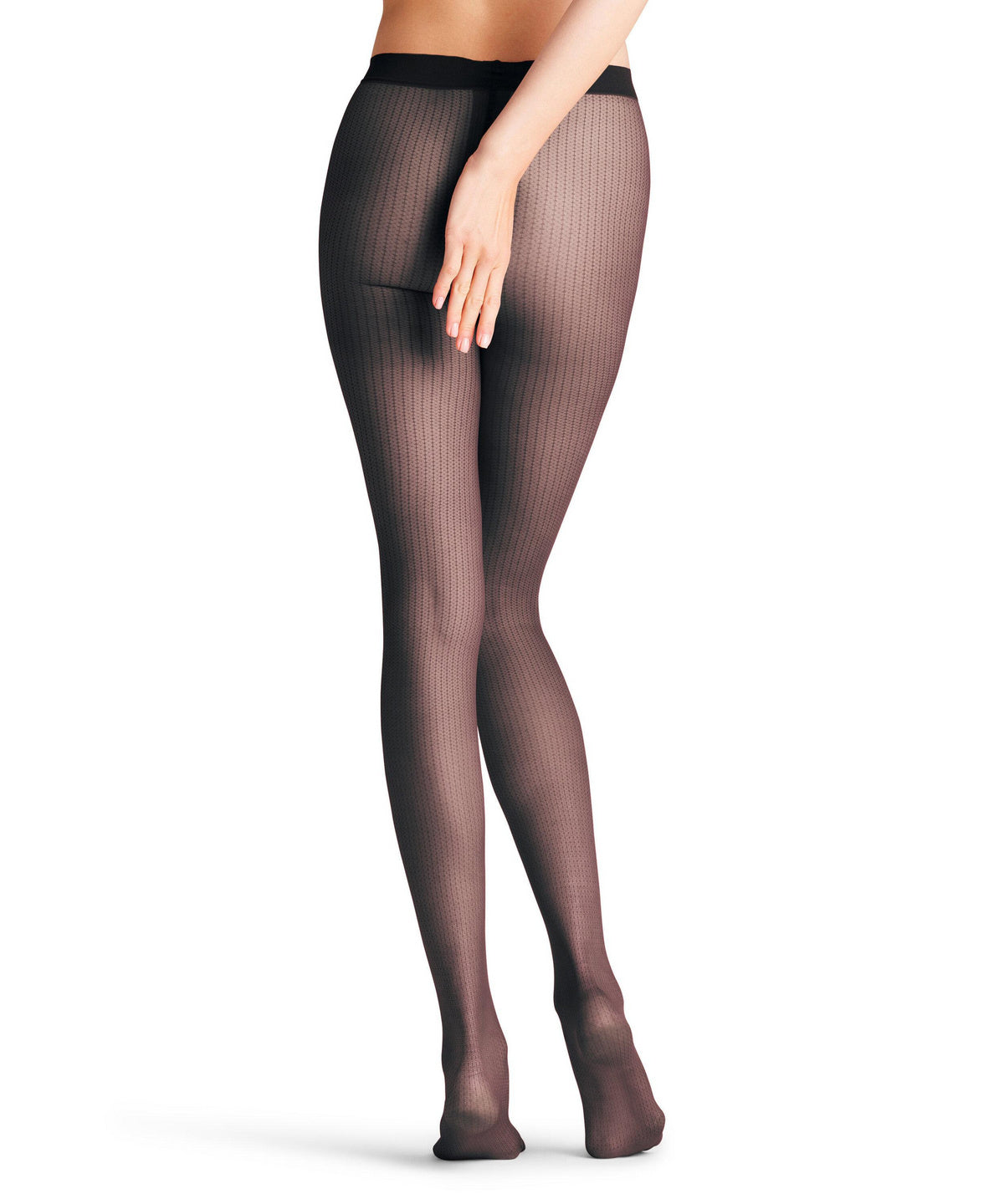 Black chain patterned  tights worn by a model on a white background