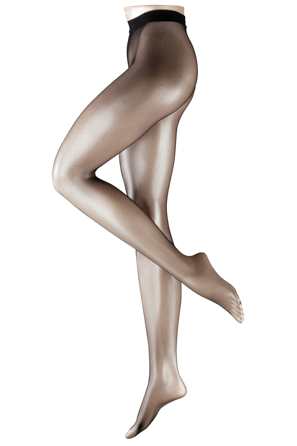 Black tights worn by a model on a white background