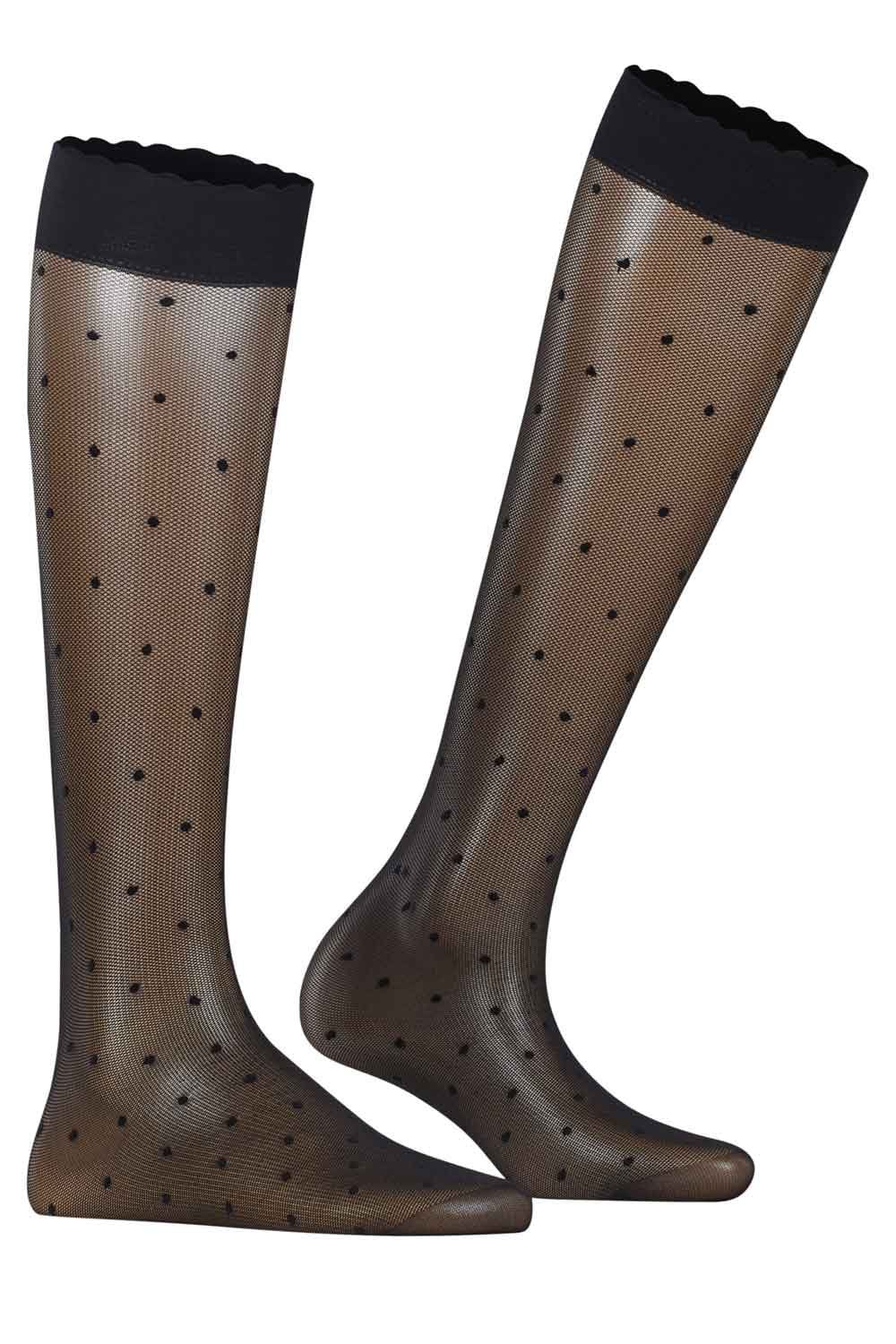 Falke polka dot knee-high socks with black polka dots on a white background
