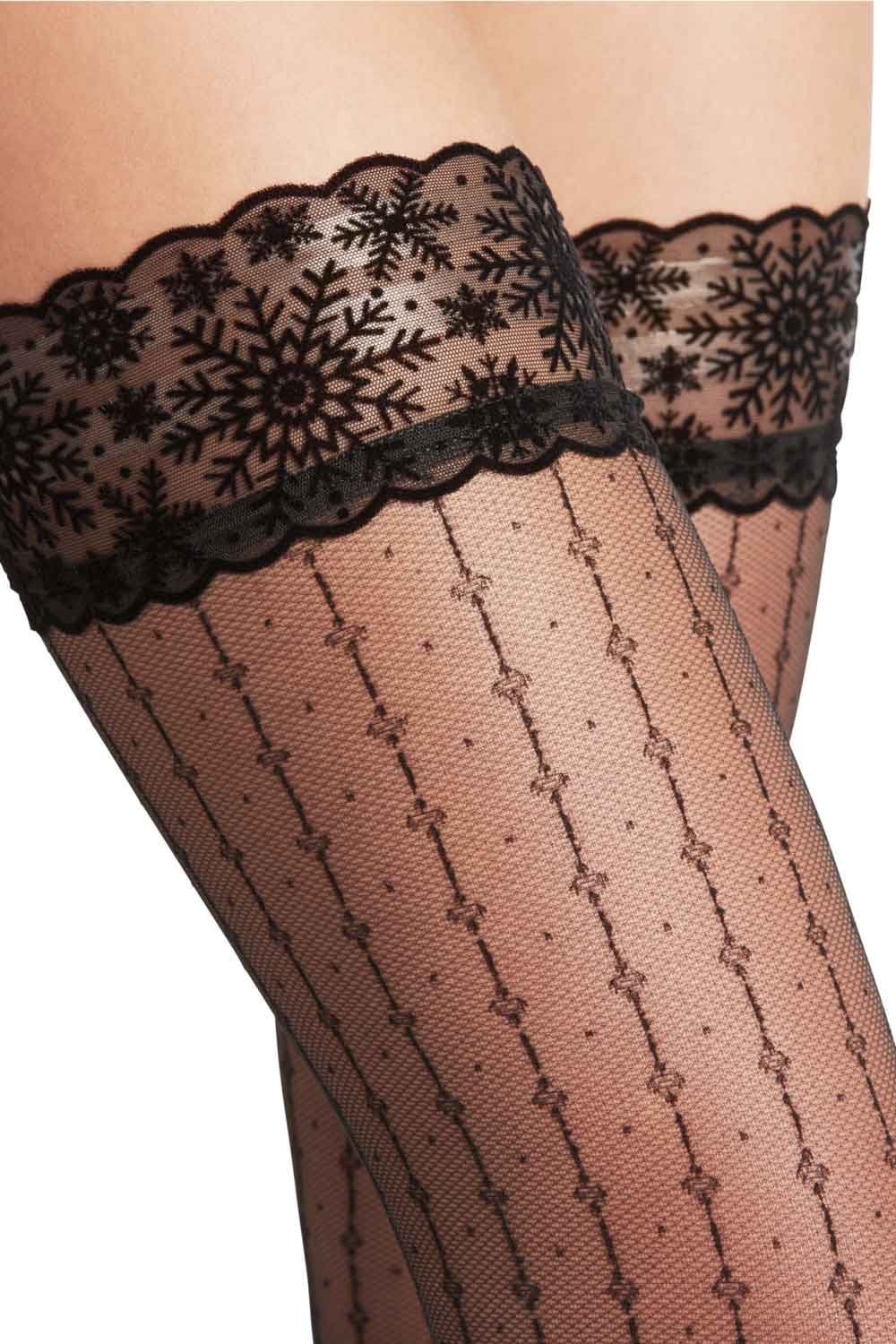 Falke hold ups  with black lace top on a white background