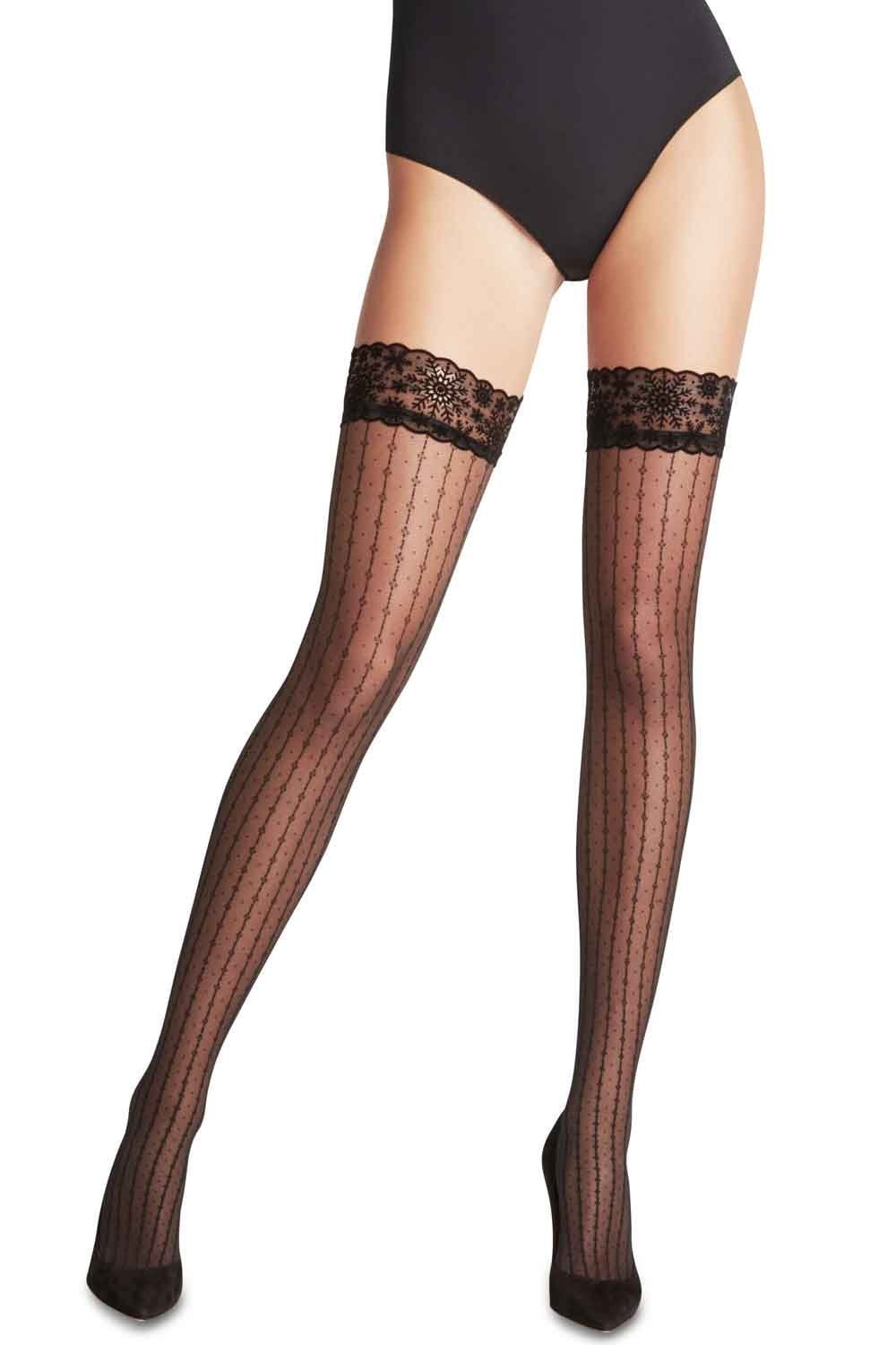 Black lace-trimmed hold ups worn by a person on a white background