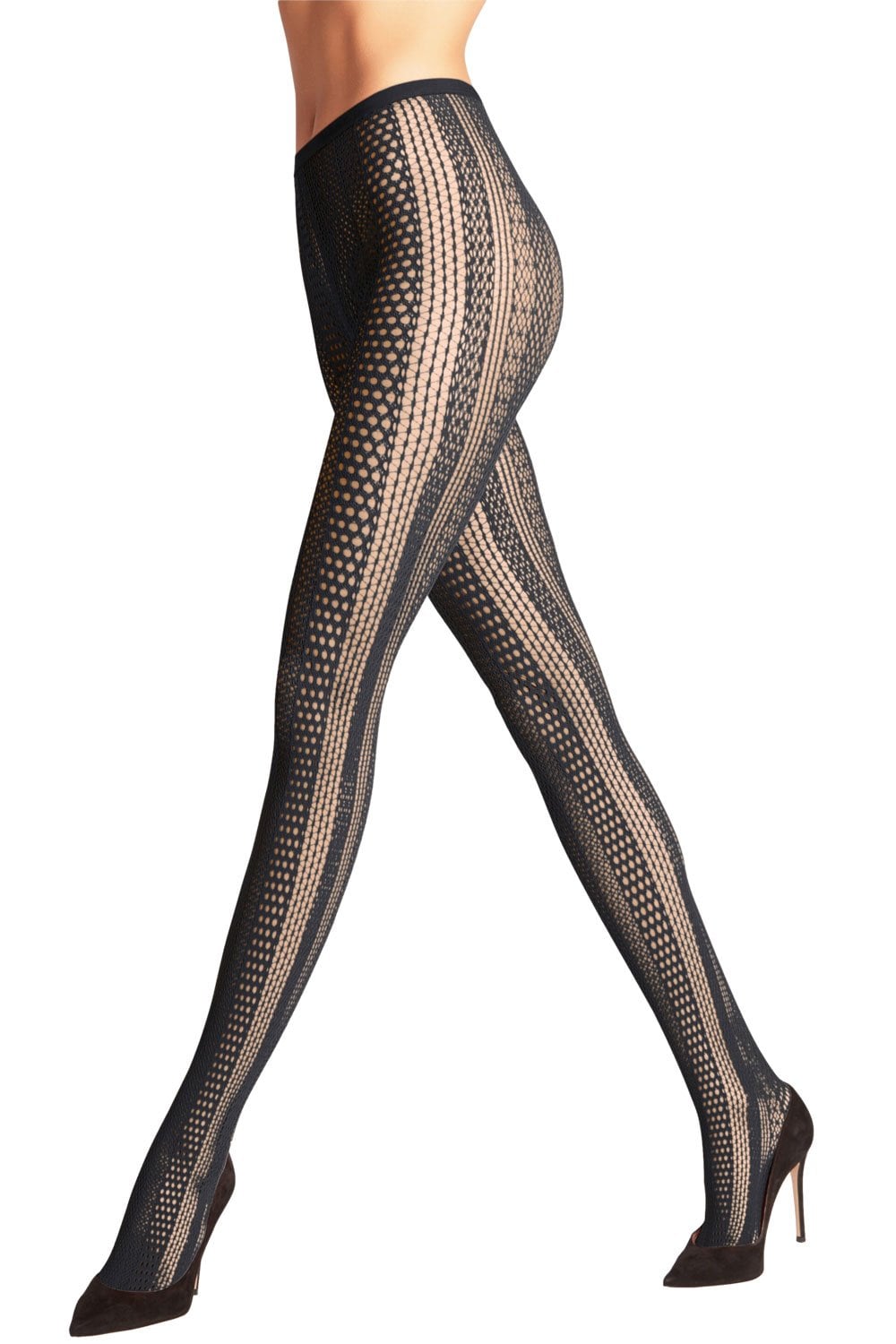 Falke Black fishnet tights worn with high-heeled shoes on a white background