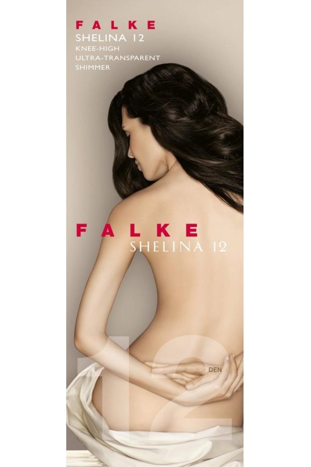Falke Shelina 12 sheer knee-highs advertisement with a model wearing them.