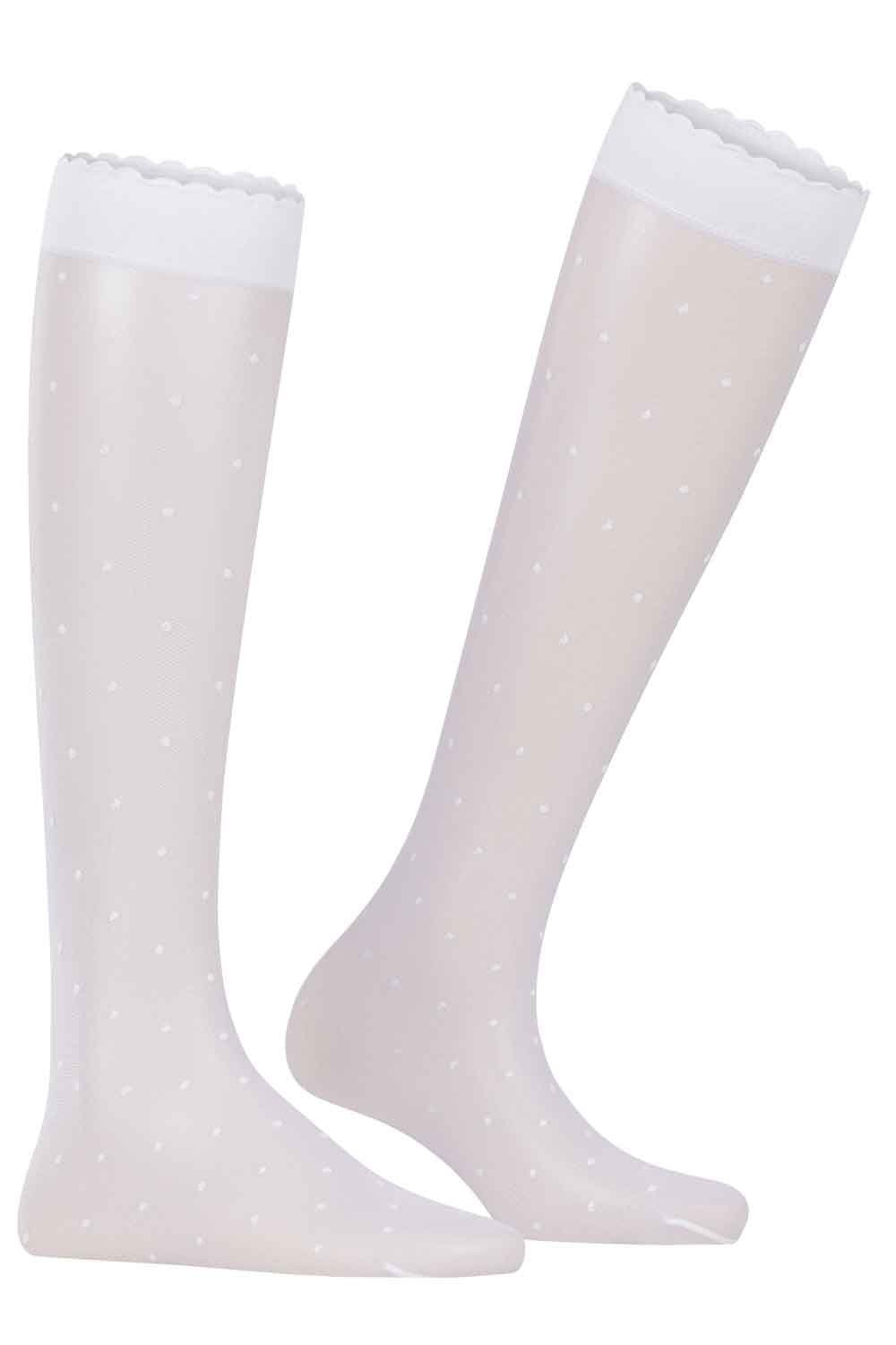 White knee-high socks with polka dots on a white background