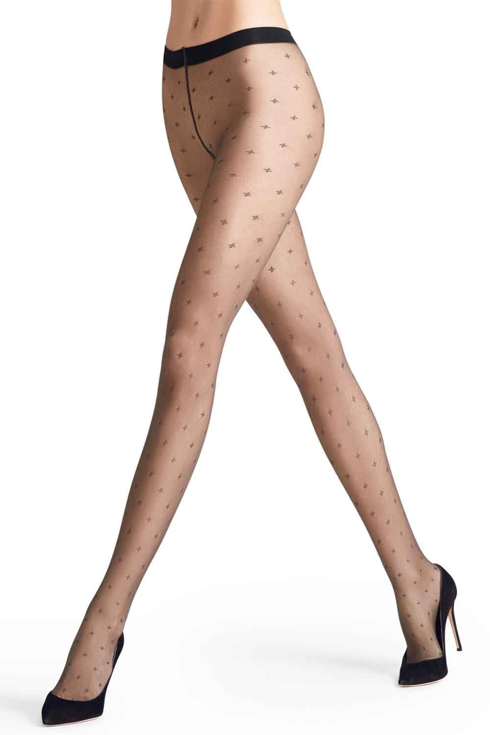 Patterned tights  worn by a model on a white background