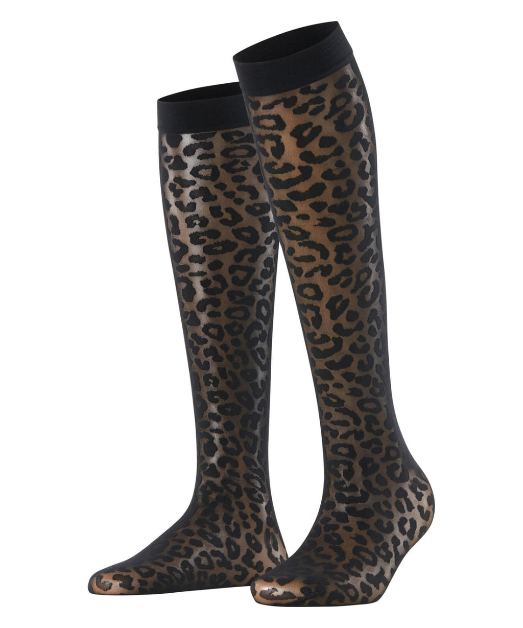 Leopard print knee-high socks on a white background