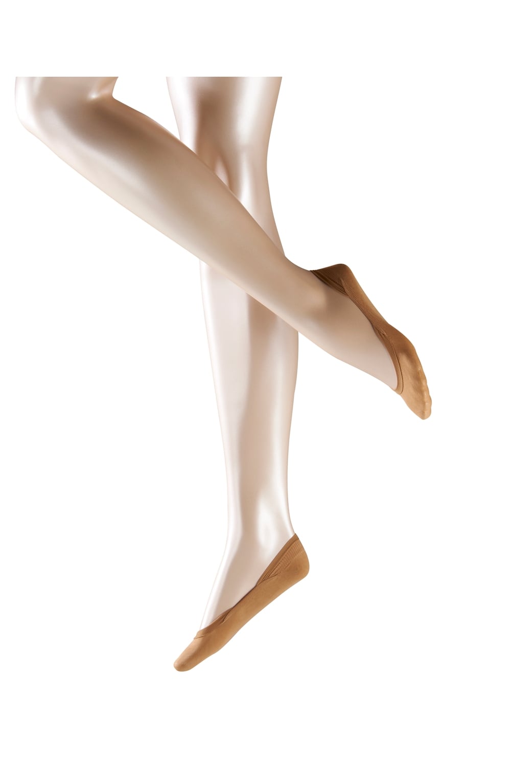 Beige socks worn by a mannequin on a white background