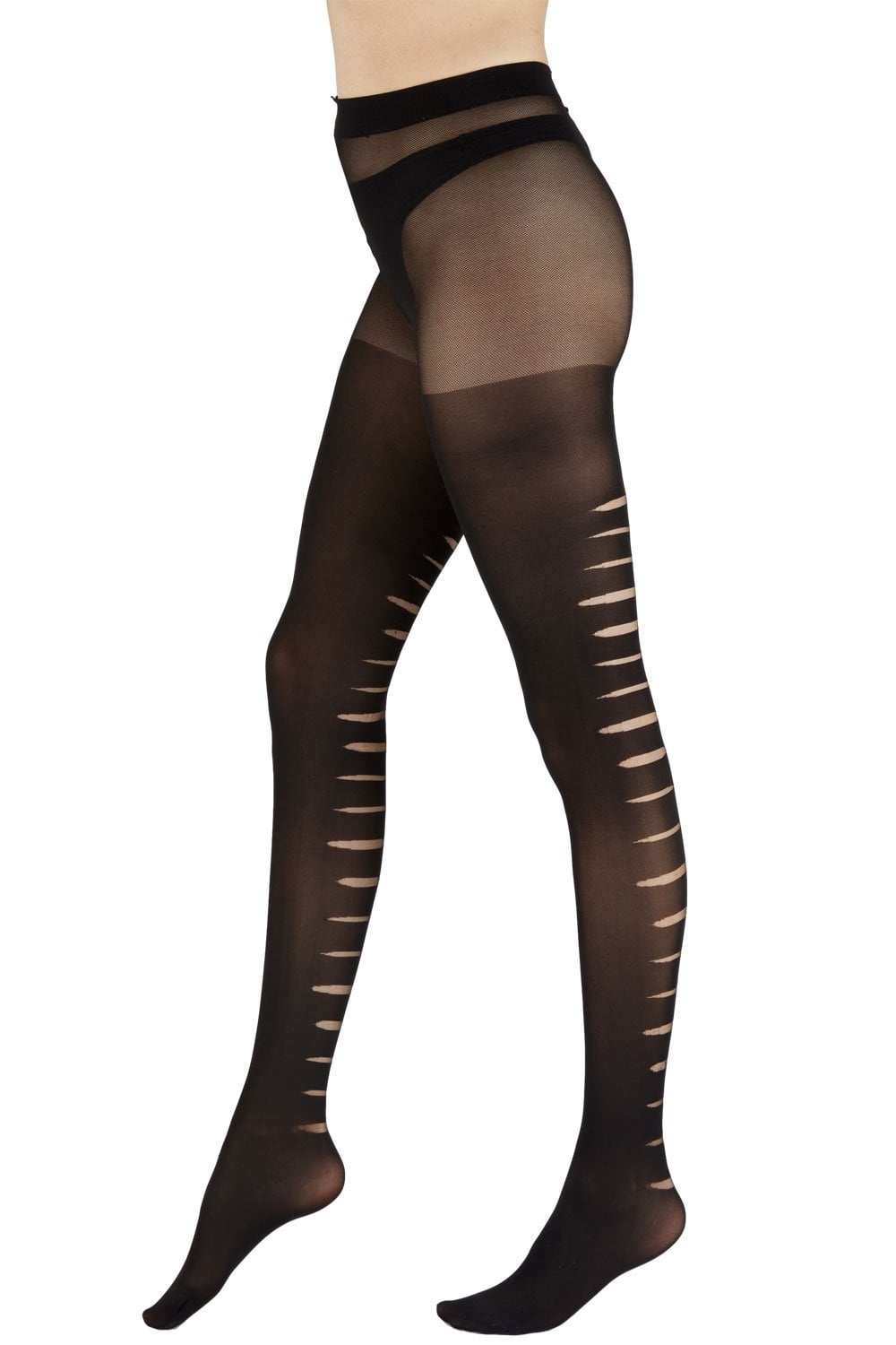 Black  slashed tights with cut-out design on a white background