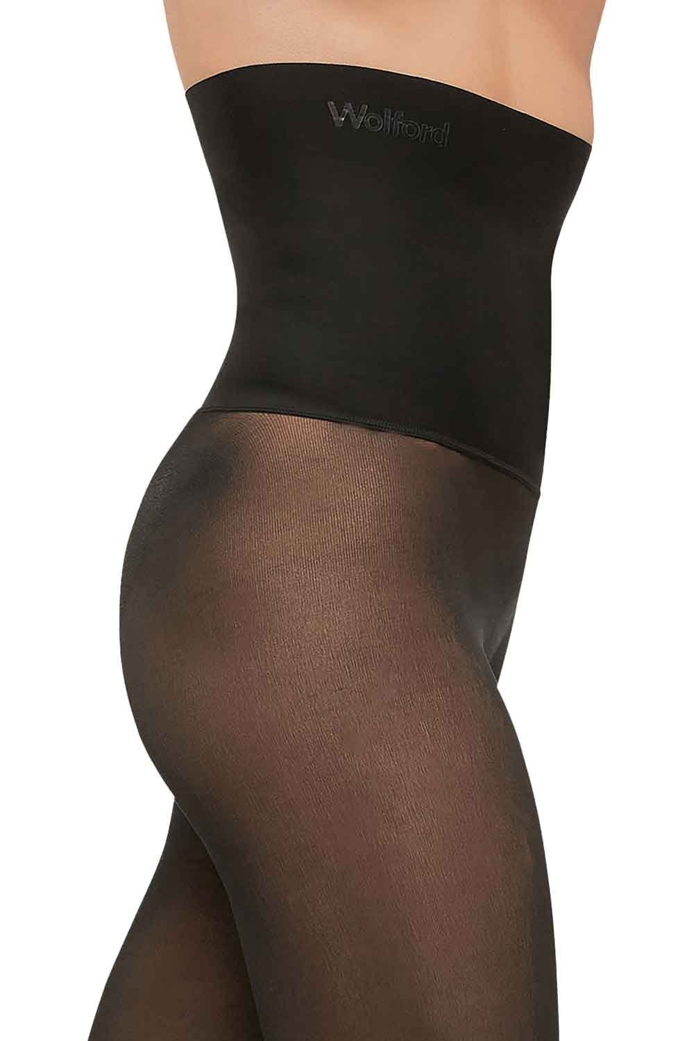 Black tights with a visible brand logo on a white background