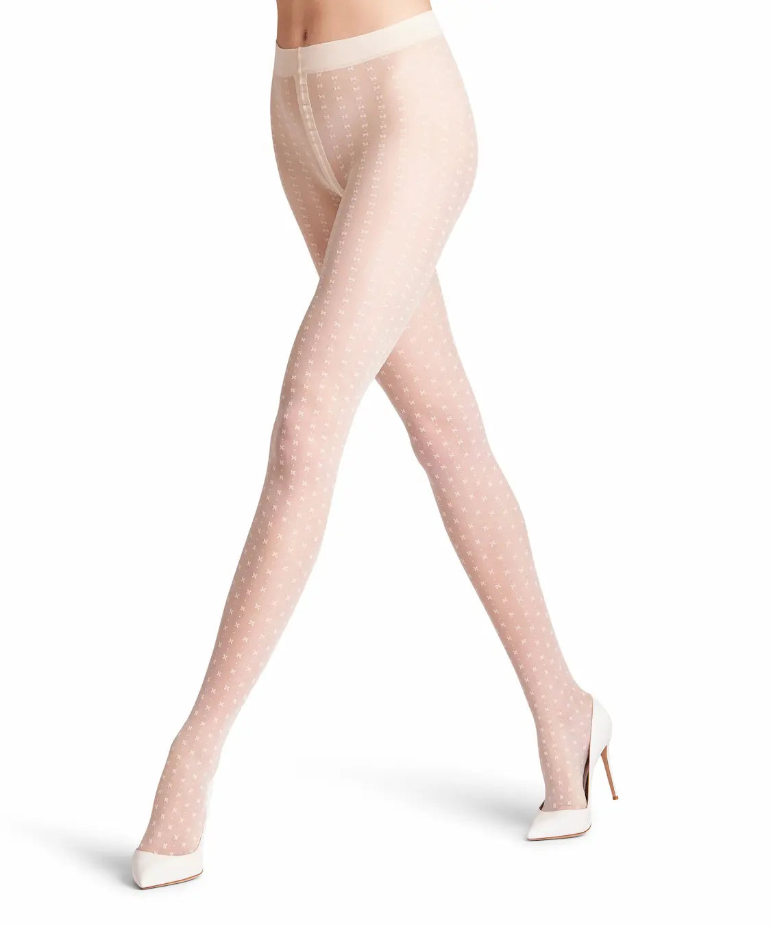 model wearing champagne coloured bow patterned tights