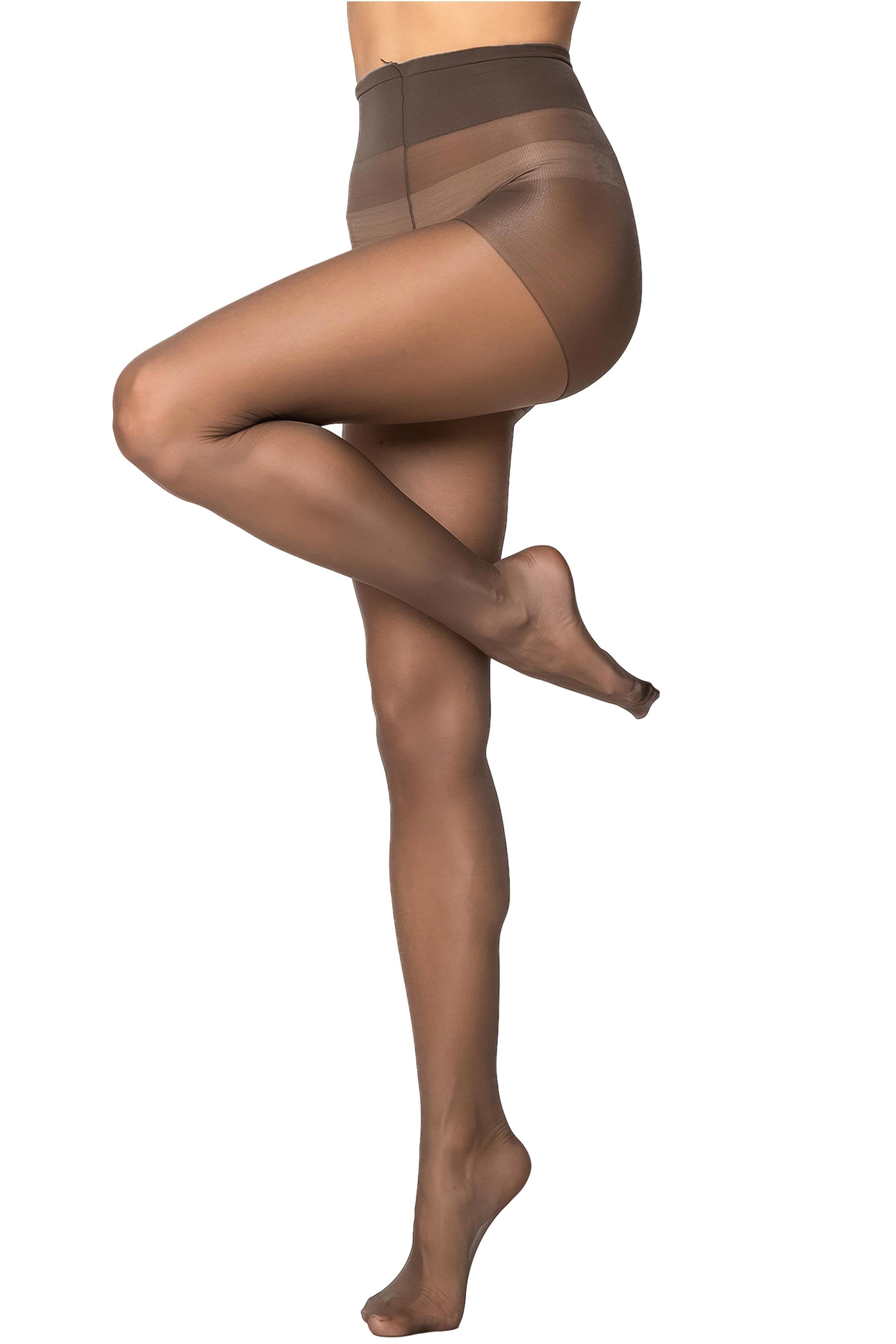 Leg shape support tights worn by a model on a white background