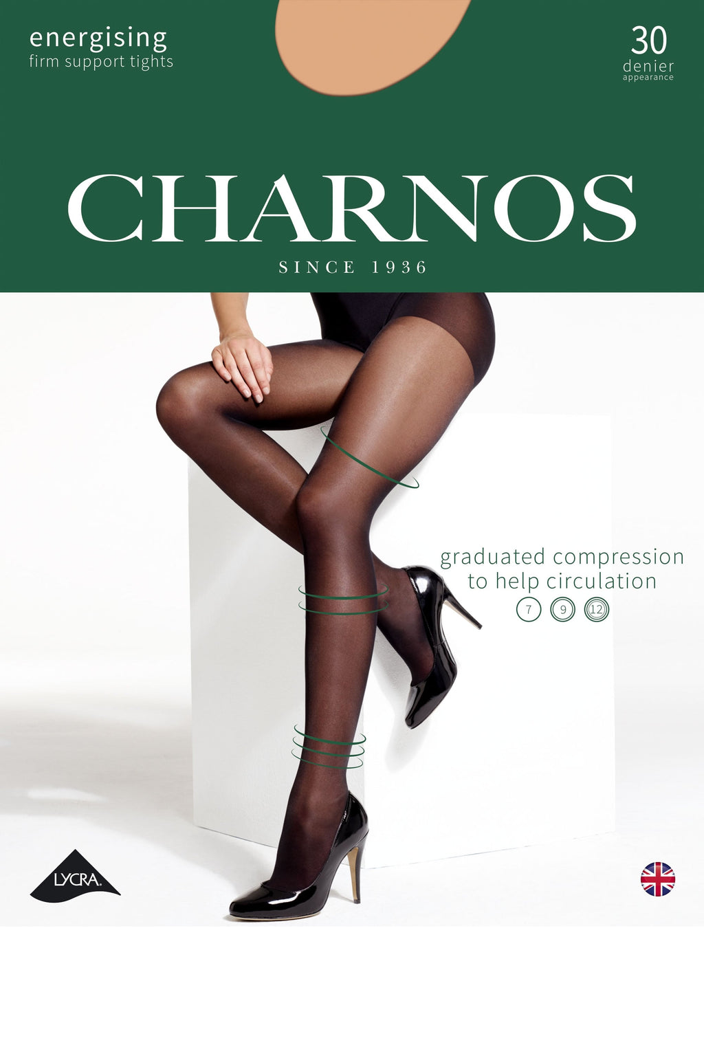 Charnos tights packaging with a model wearing the product on a white background
