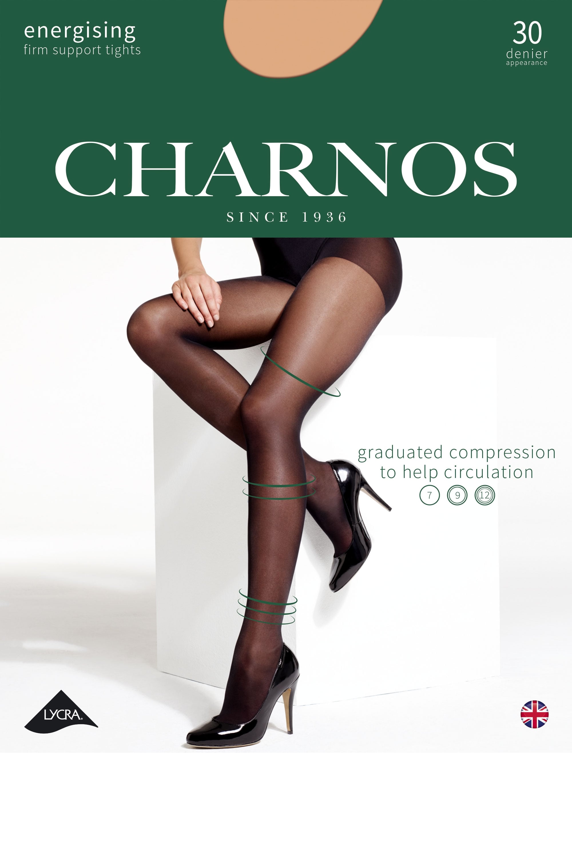 Charnos tights packaging with a model wearing the product on a white background