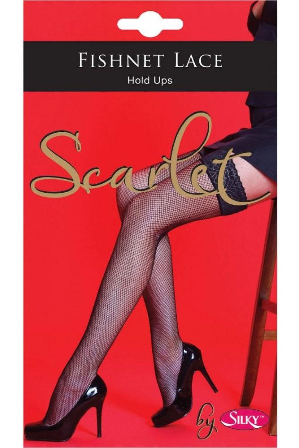 Silky fishnet lace hold-ups packaging with a red background and black text.