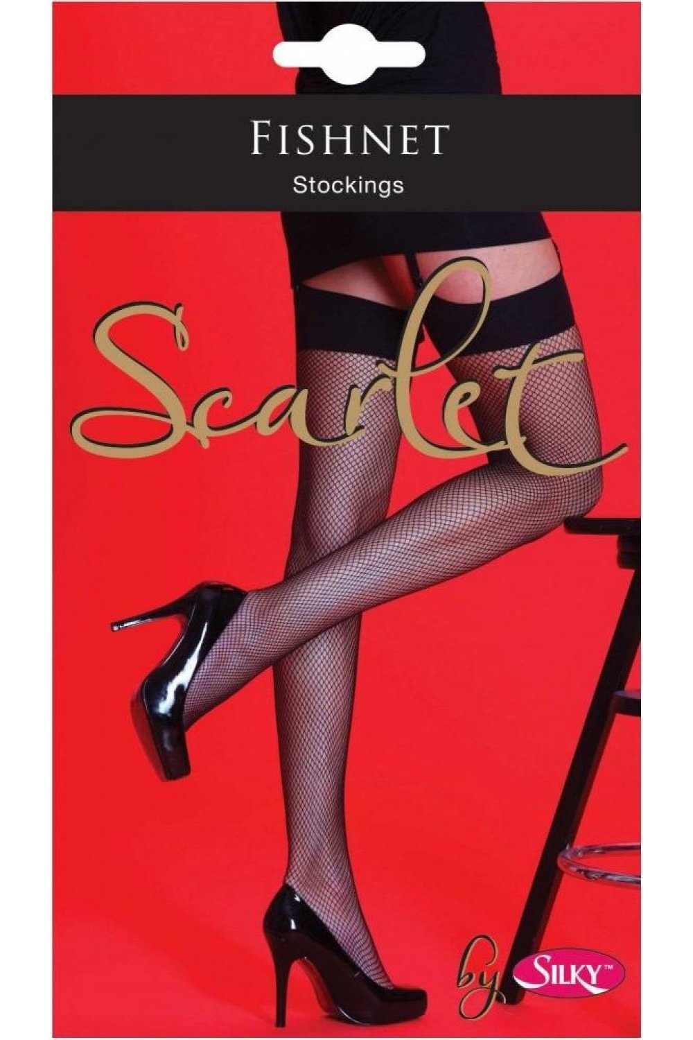 Silky fishnet stockings packaging with red background and 'Scarlet' branding.
