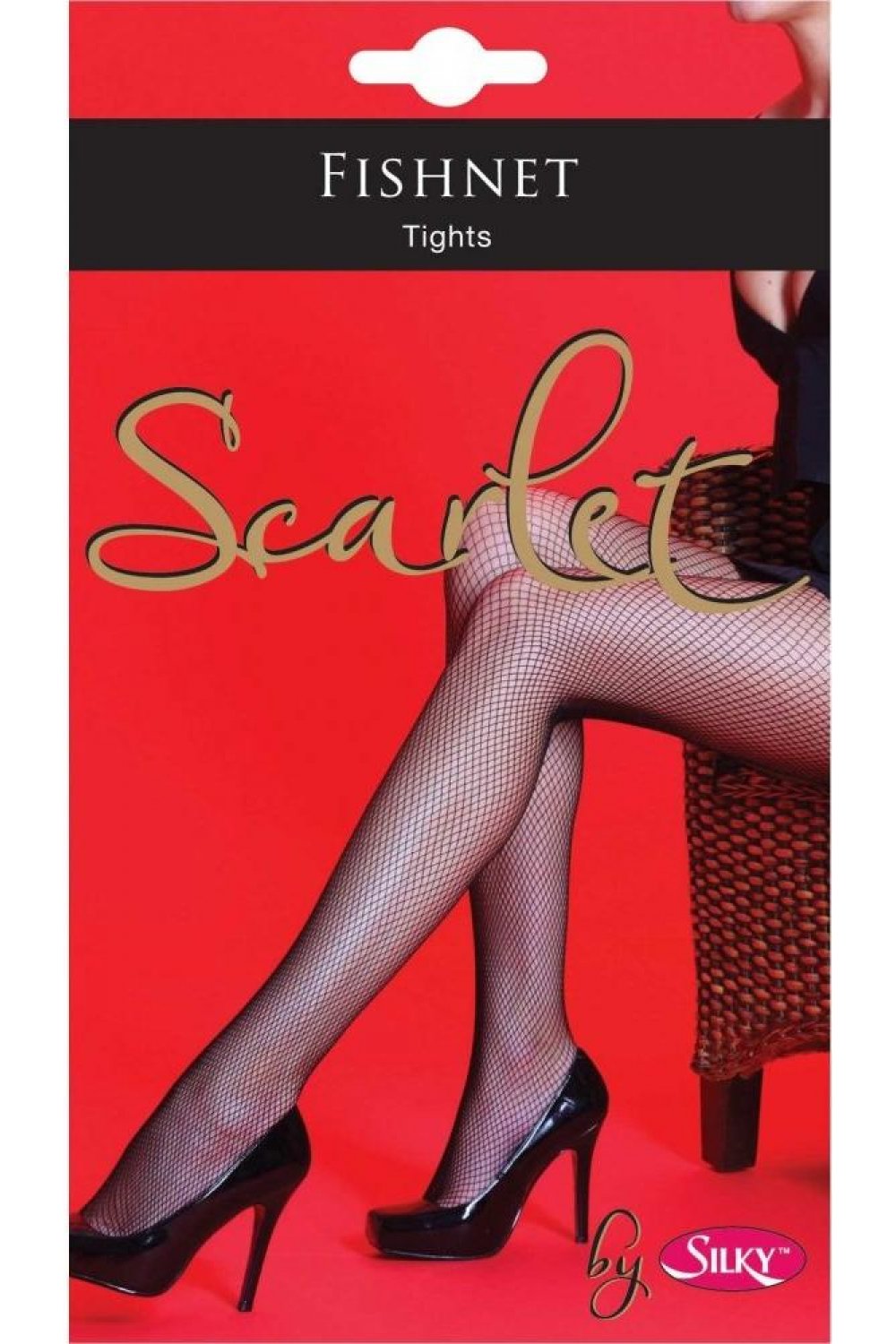 Silky fishnet tights packaging with red background and 'Scarlet' text.