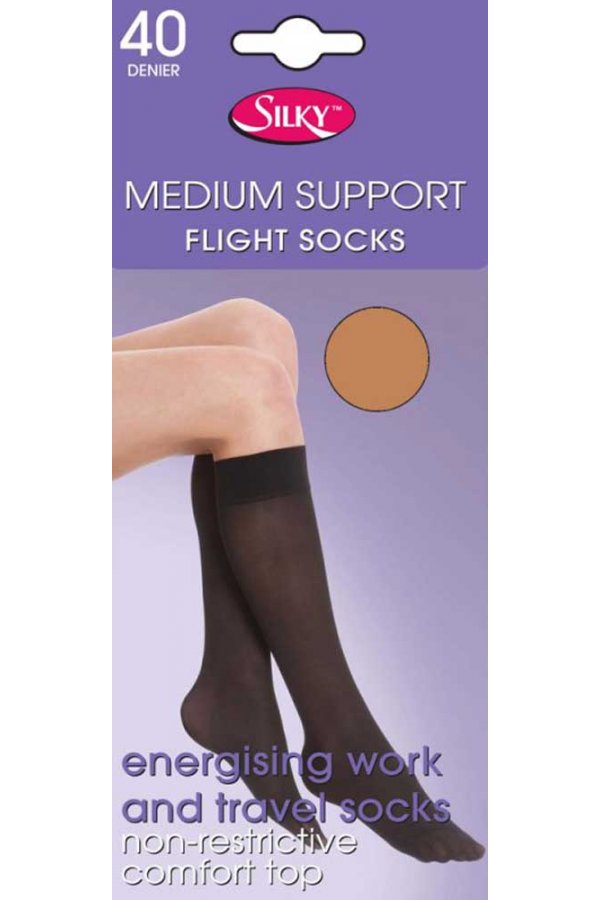 Silky medium support flight socks packaging with a person wearing the socks on a purple background.