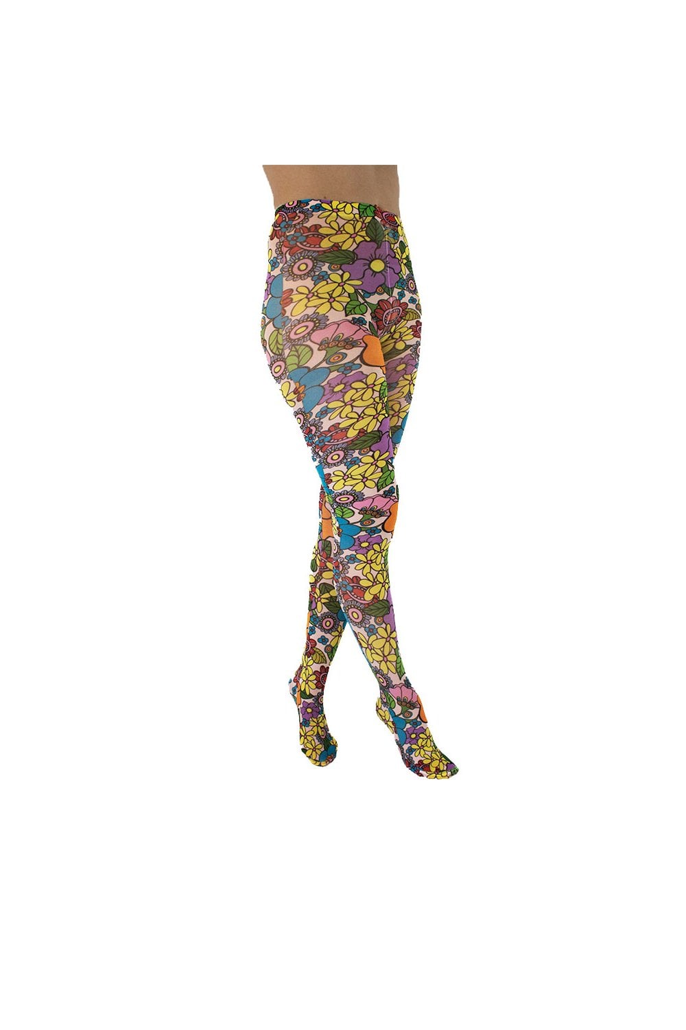 Colourful flower power floral-patterned tights on a model against a white background