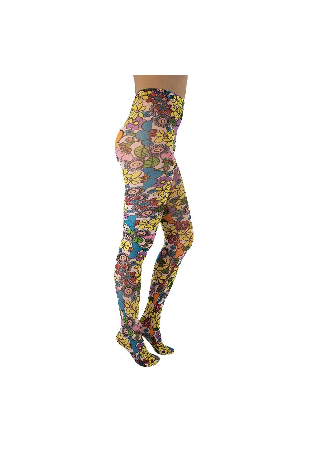 Colourful patterned flower power  tights on a white background