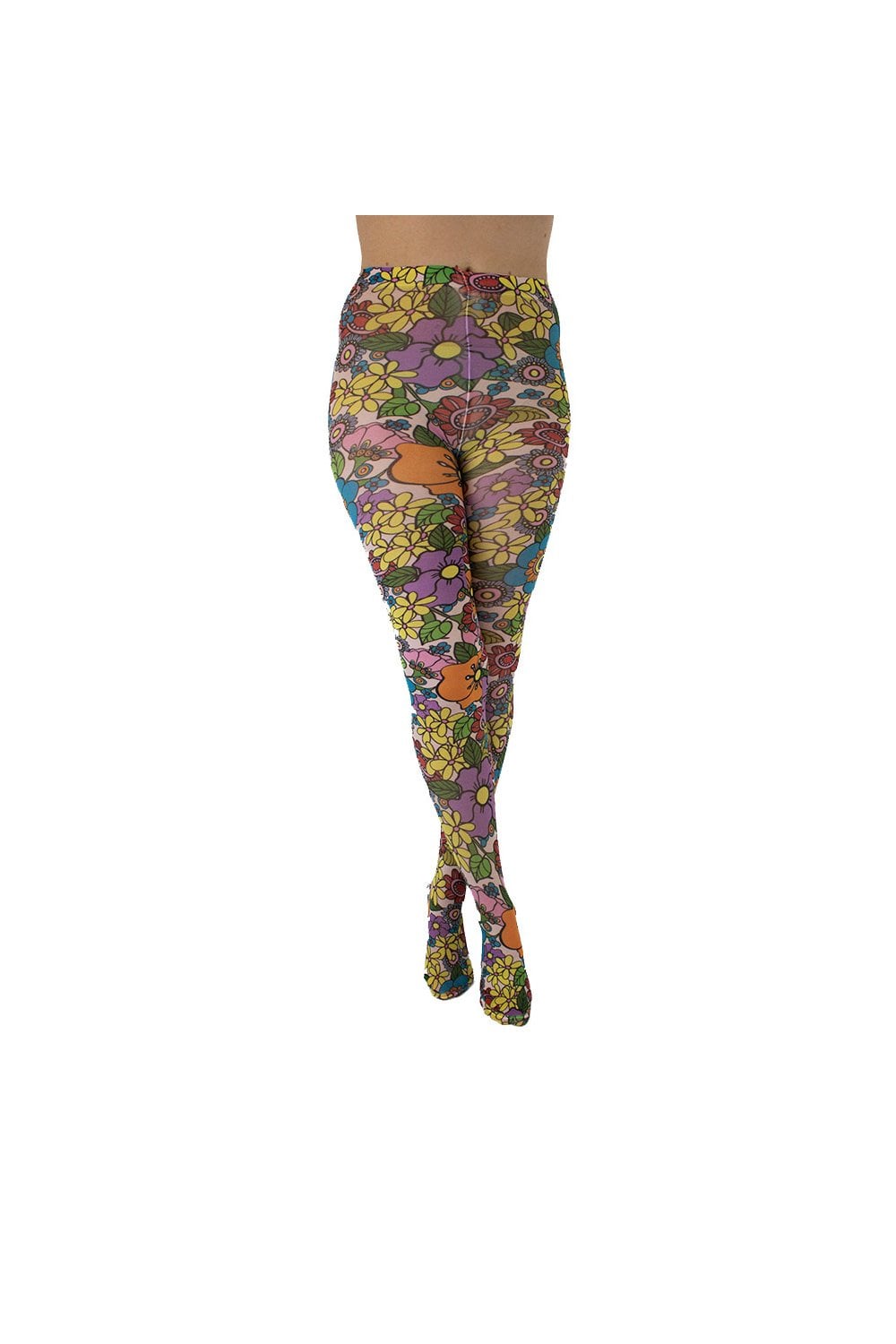 Colourful flower power tights on a white background