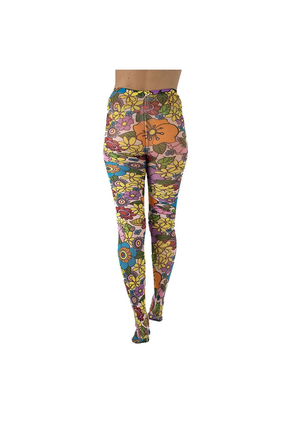 Colourful flower power tights on a white background