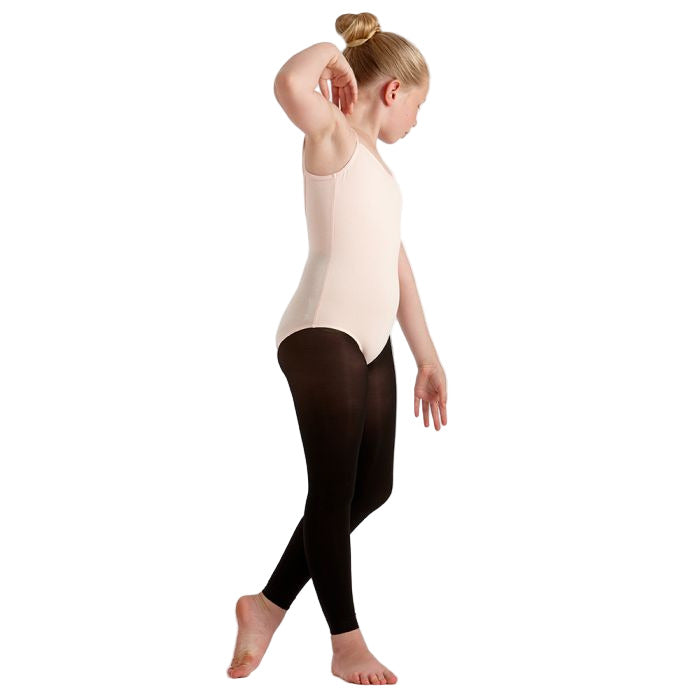 Childrens black footless dance tights on a white background