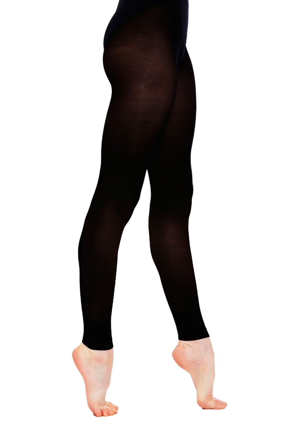 Black  footless dance tights worn by a person on a white background